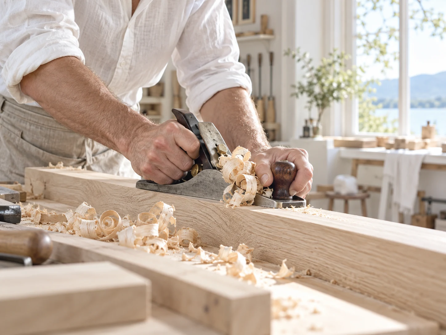 Mains d’un artisan rabotant une planche de bois clair dans un atelier lumineux — illustration d’ambiance