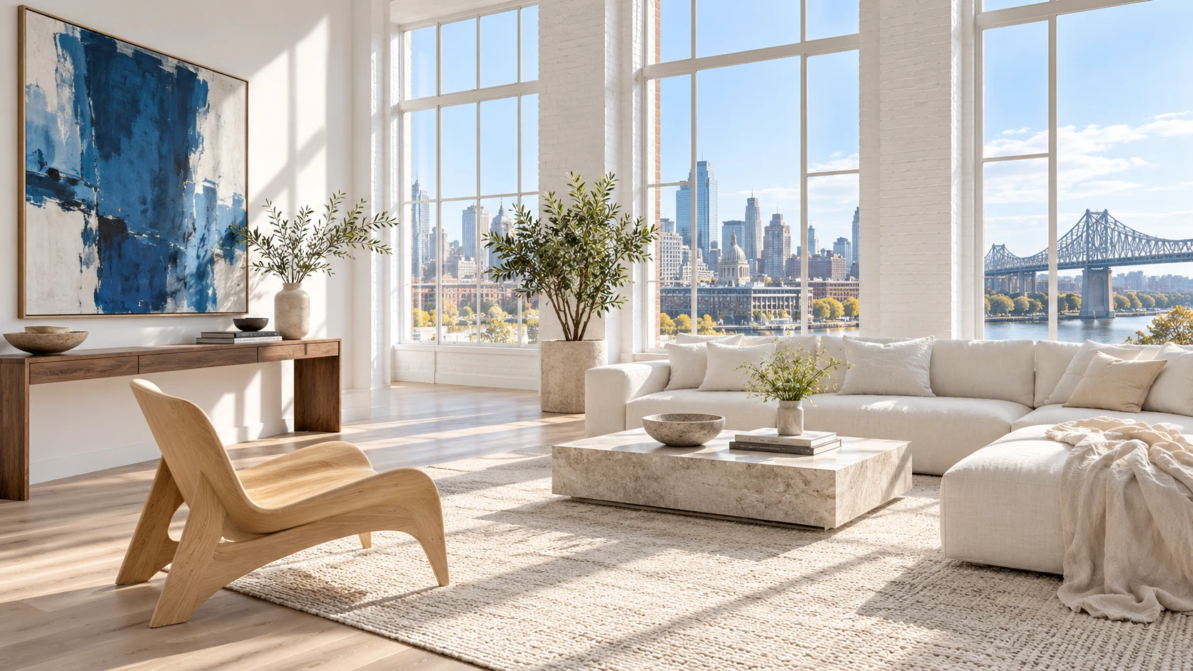 Séjour lumineux avec fauteuil en bois clair, console en noyer et toile abstraite bleue — illustration d’ambiance