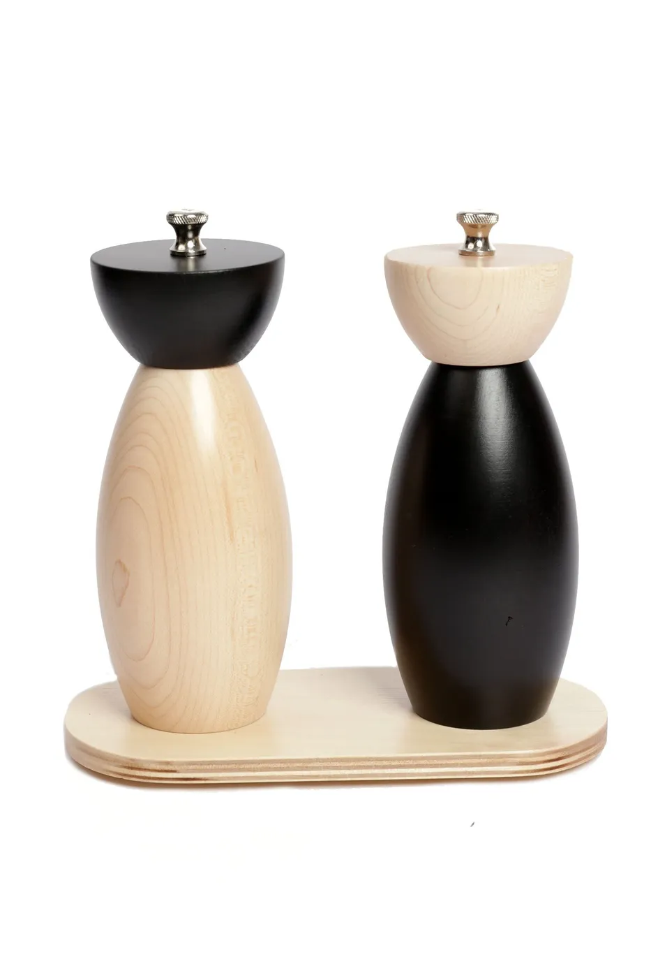 Duo moulin courbe naturel et noir sur socle — moulin, bois tourné de Atelier Moulins Tremblay