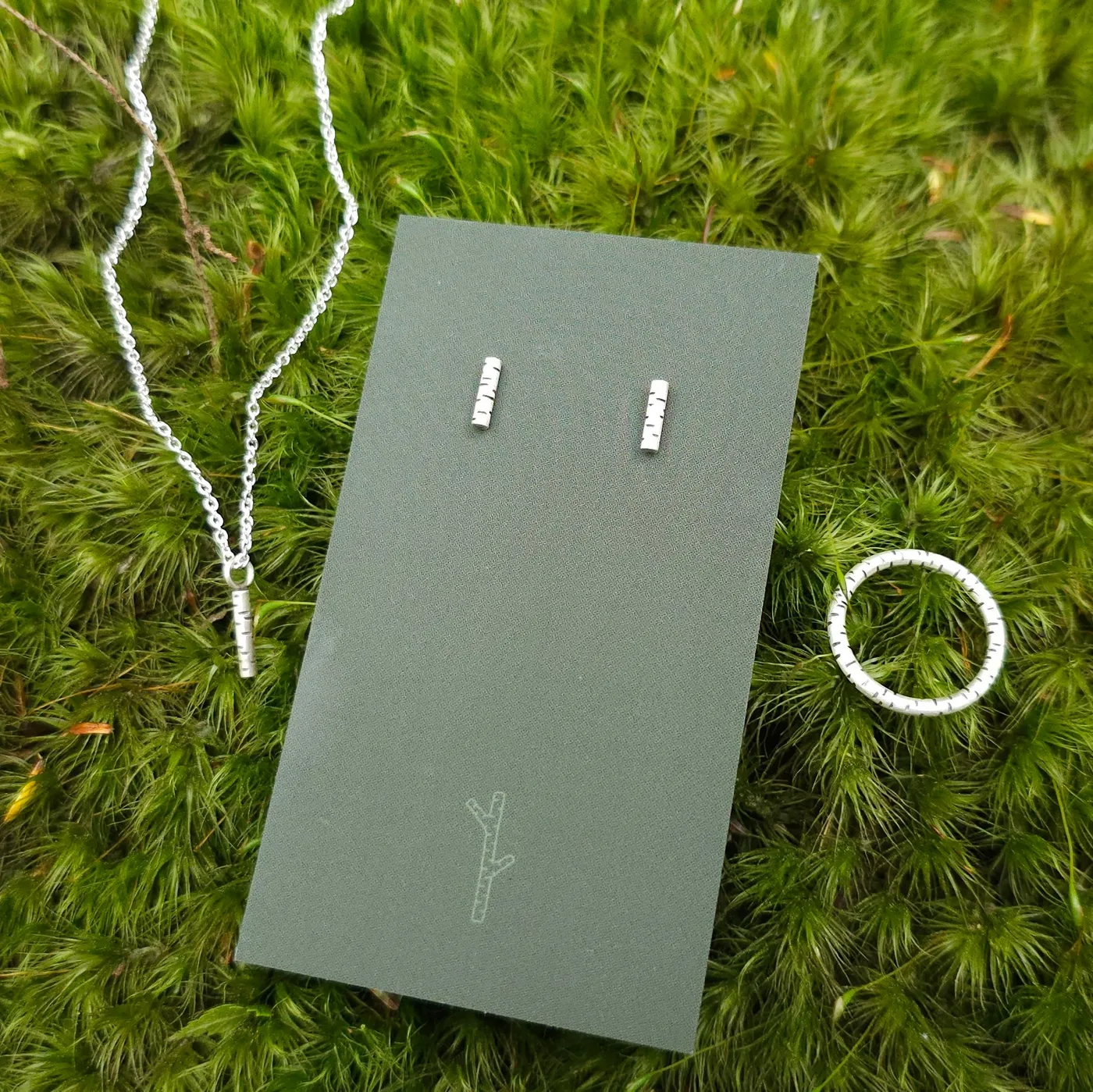 Trio 1 mini bouleau : boucles d'oreille, collier, bague. — ensemble de bijoux, argent sterling de Yonomori Joaillerie