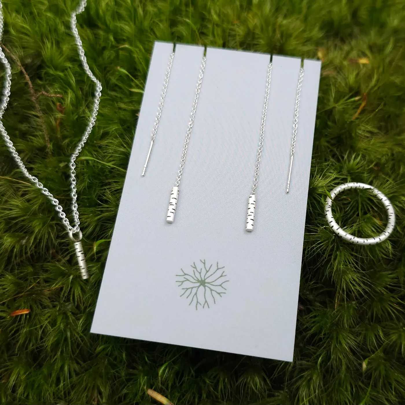 Trio 2 mini bouleau : boucles d'oreilles enfiles-aiguilles, collier, bague. — ensemble de bijoux, argent sterling de Yonomori Joaillerie
